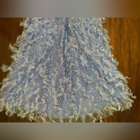 Dear Moon Juniors Periwinkle Illusion Corset Feather Skirt Gown Size 13 Sequins - Picture 8 of 16